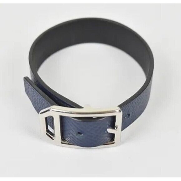 Hermes Paddock Palladium Plated Leather Wrap Bracelet Navy Blue - Picture 1 of 12